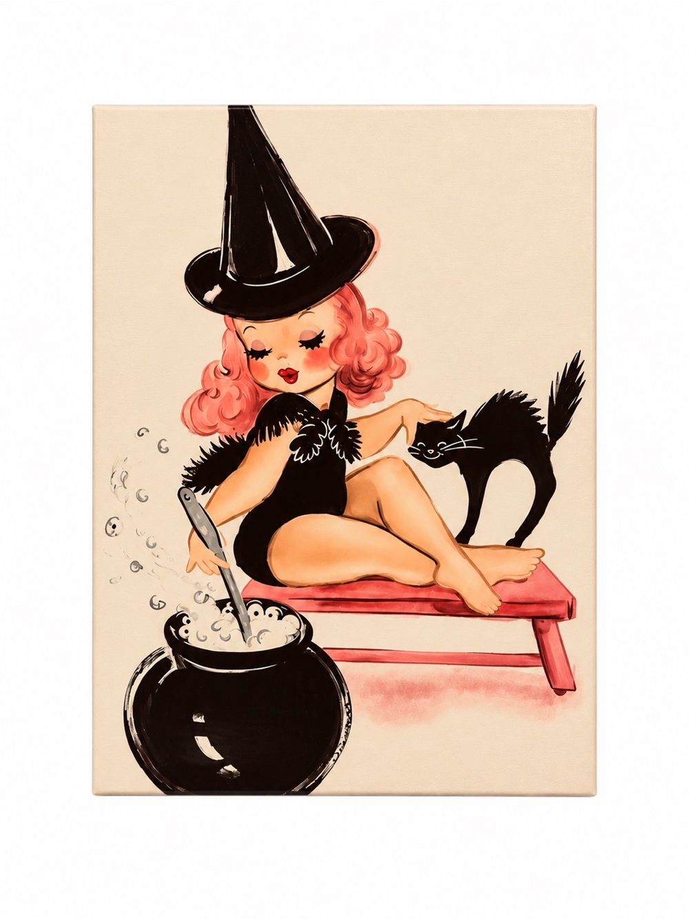 Retro Kitschy Witch w/ Cat & Cauldron Canvas Art